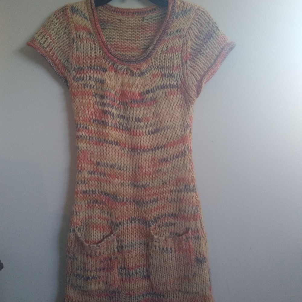 Rainbow colored, short cap sleeves sweater dress